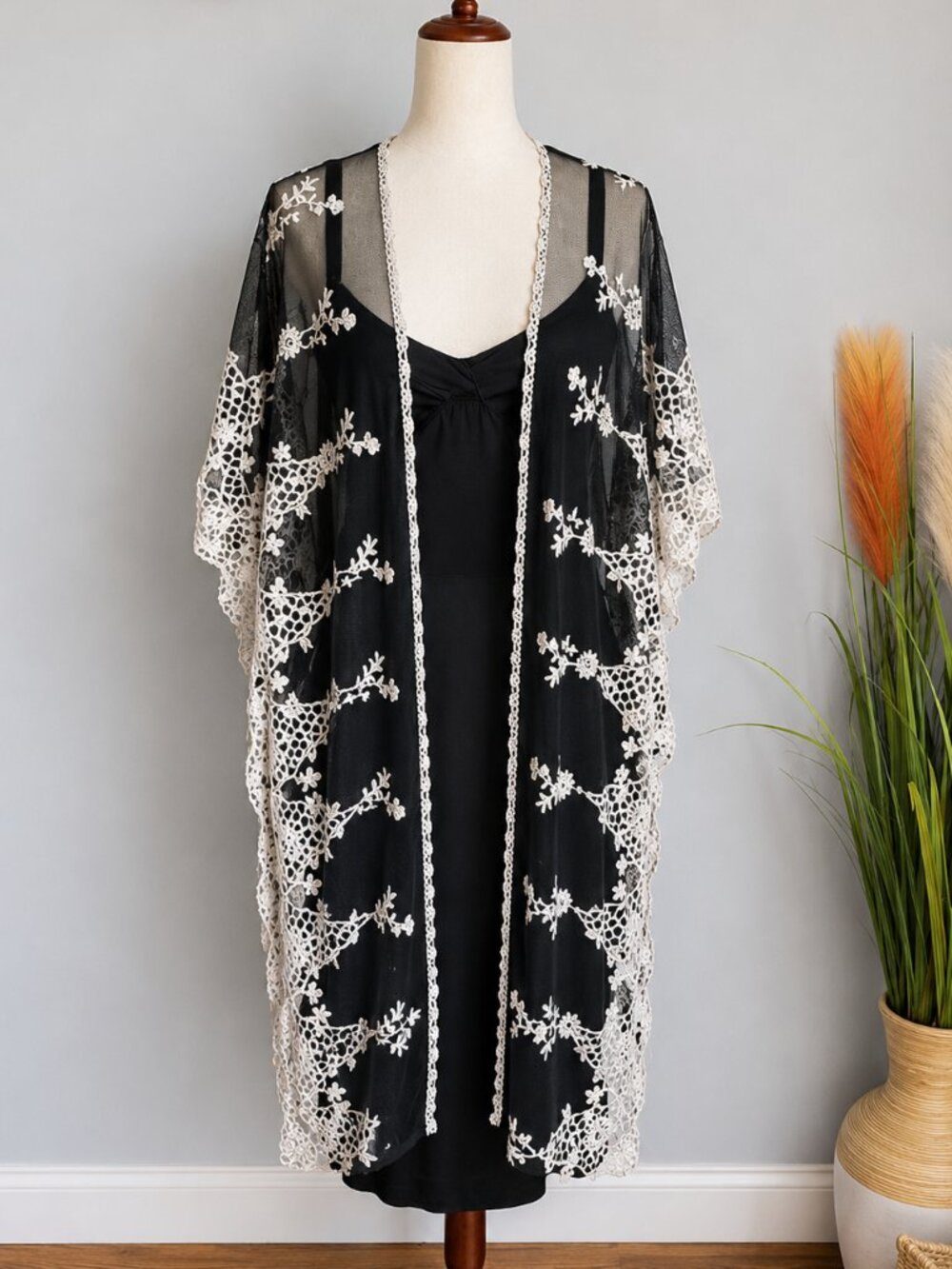Vampy Y2K Whimsigoth Black Camisole Satin Slip Dress w/ Embroidered Kimono SZ XS